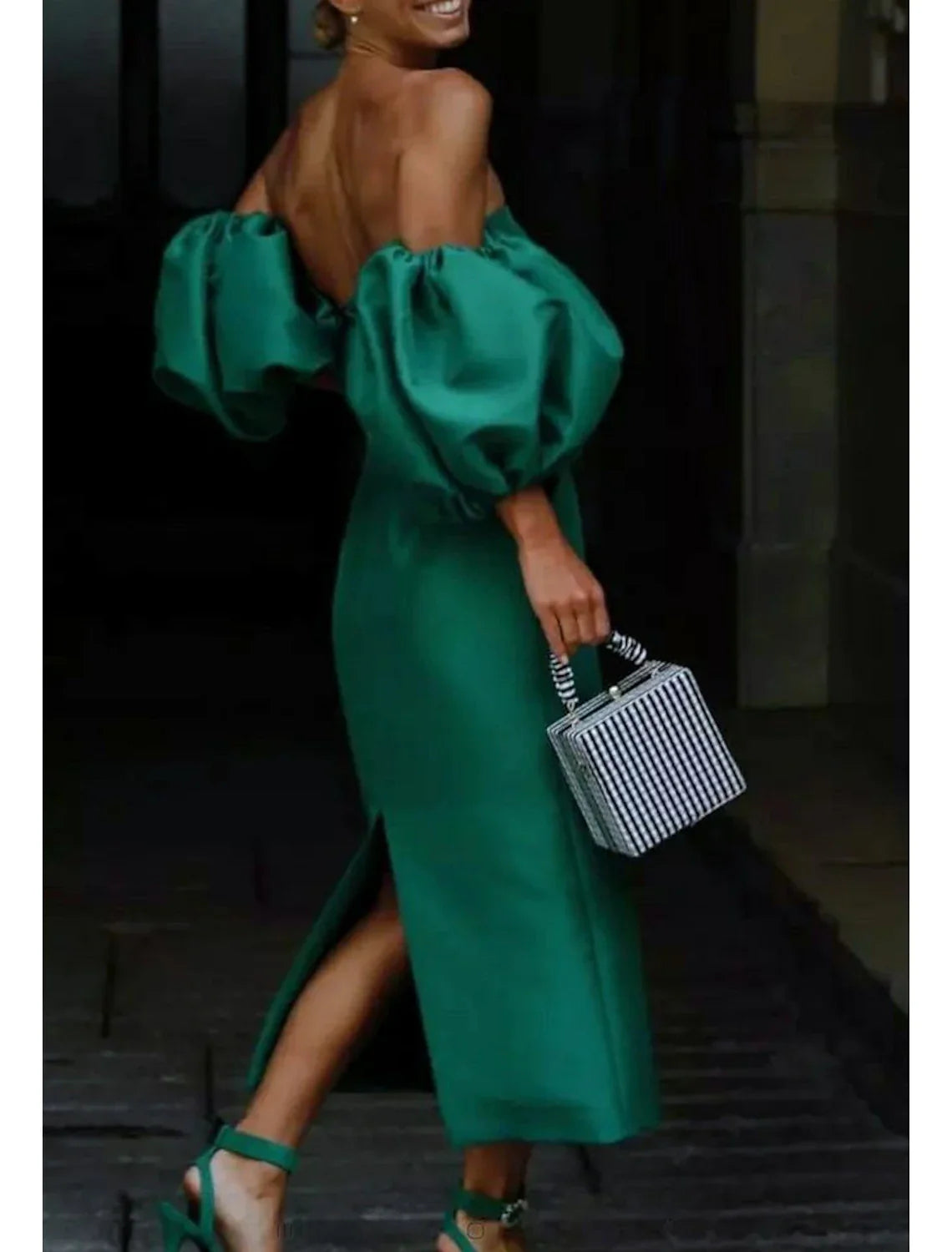 Sheath / Column Cocktail Dresses Backless Dress Wedding Guest Summer Tea Length Short Sleeve Square Neck Satin with Slit