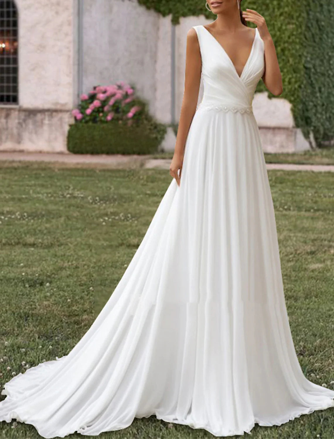Wholesale Hall Casual Wedding Dresses A-Line V Neck Sleeveless Sweep / Brush Train Chiffon Bridal Gowns With Pleats Pearls