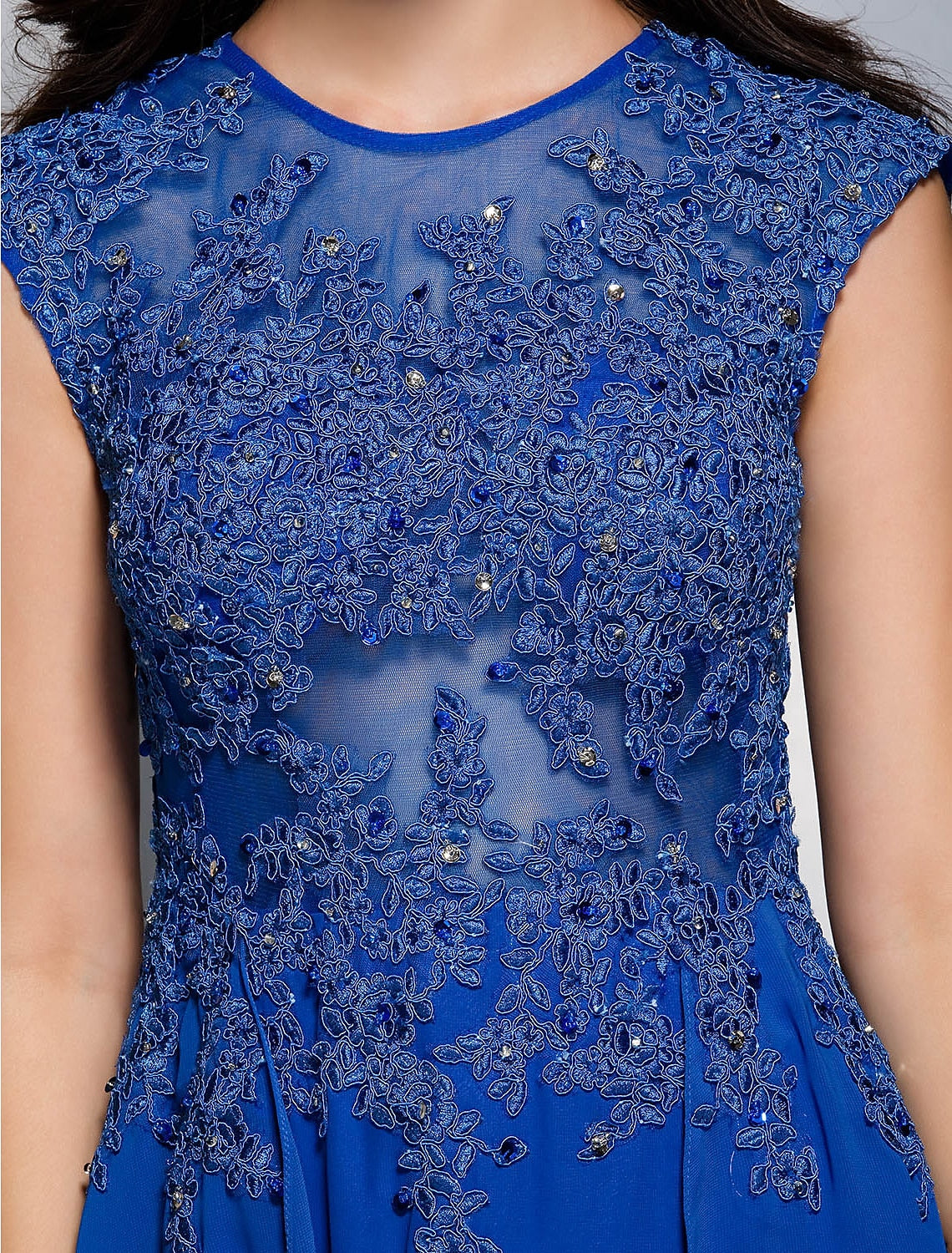 Wholesa Sheath / Column Elegant Floral Formal Evening Wedding Party Dress Illusion Neck Short Sleeve Sweep / Brush Train Chiffon with Appliques