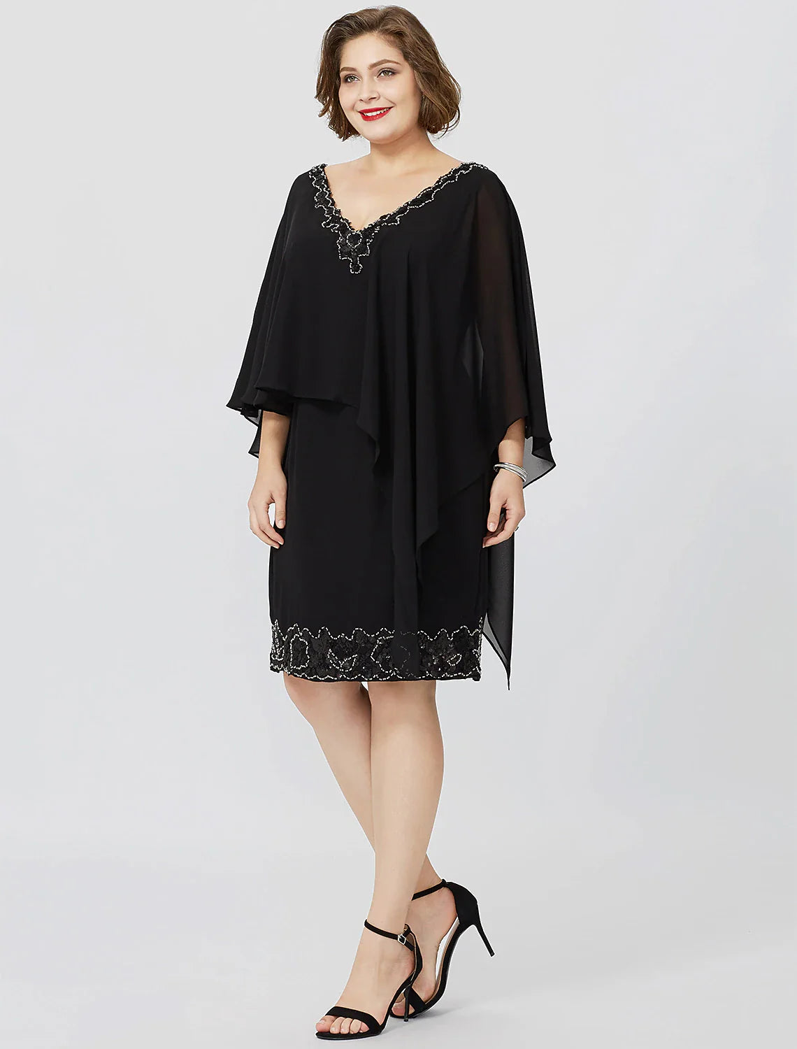 Aimishang  Sheath / Column Mother of the Bride Dress Formal Classic & Timeless Elegant & Luxurious Plus Size V Neck Knee Length Chiffon Sleeveless No with Crystals Beading