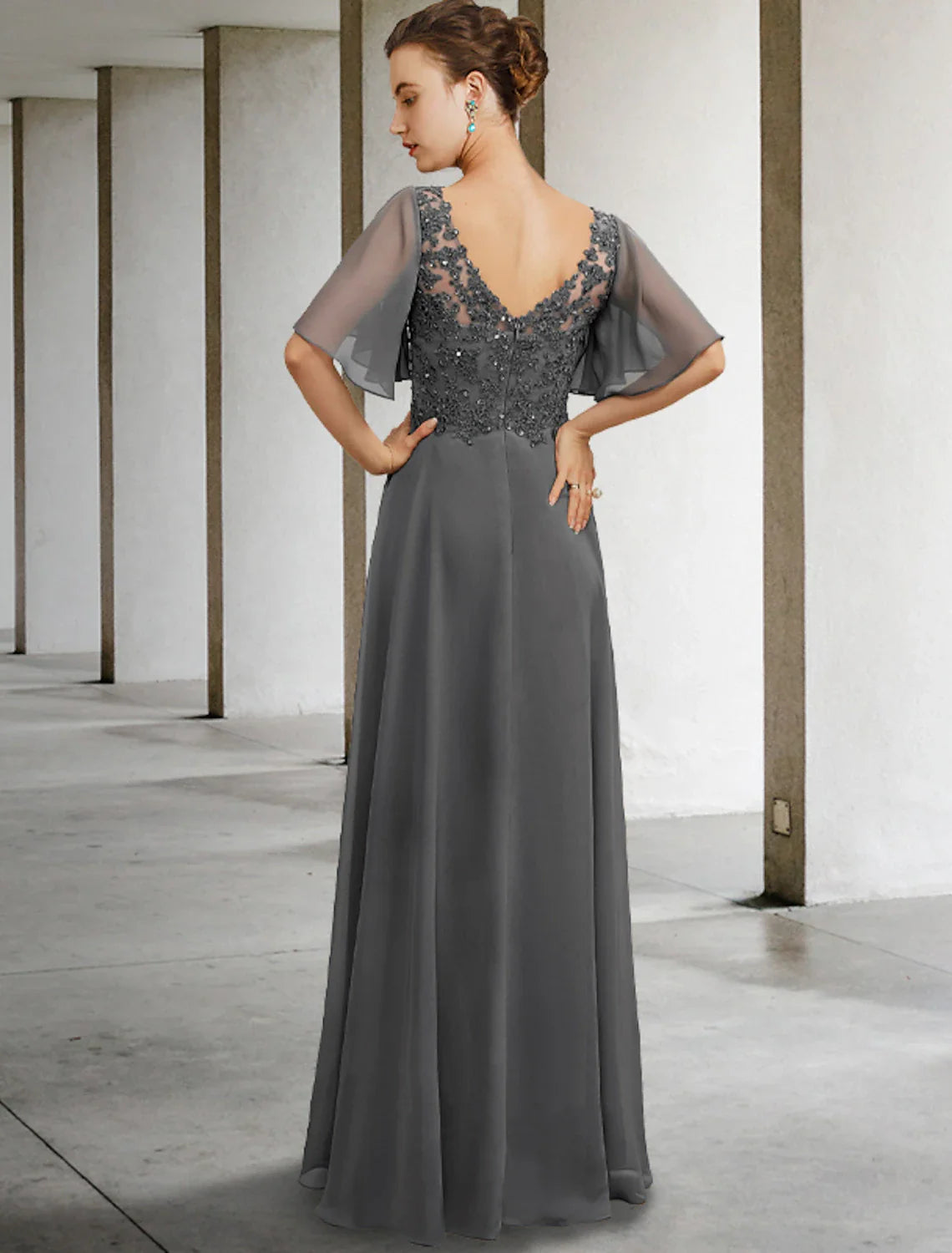 Aimishang A-Line Mother of the Bride Dress Luxurious Elegant V Neck Floor Length Chiffon Lace Short Sleeve with Beading Appliques