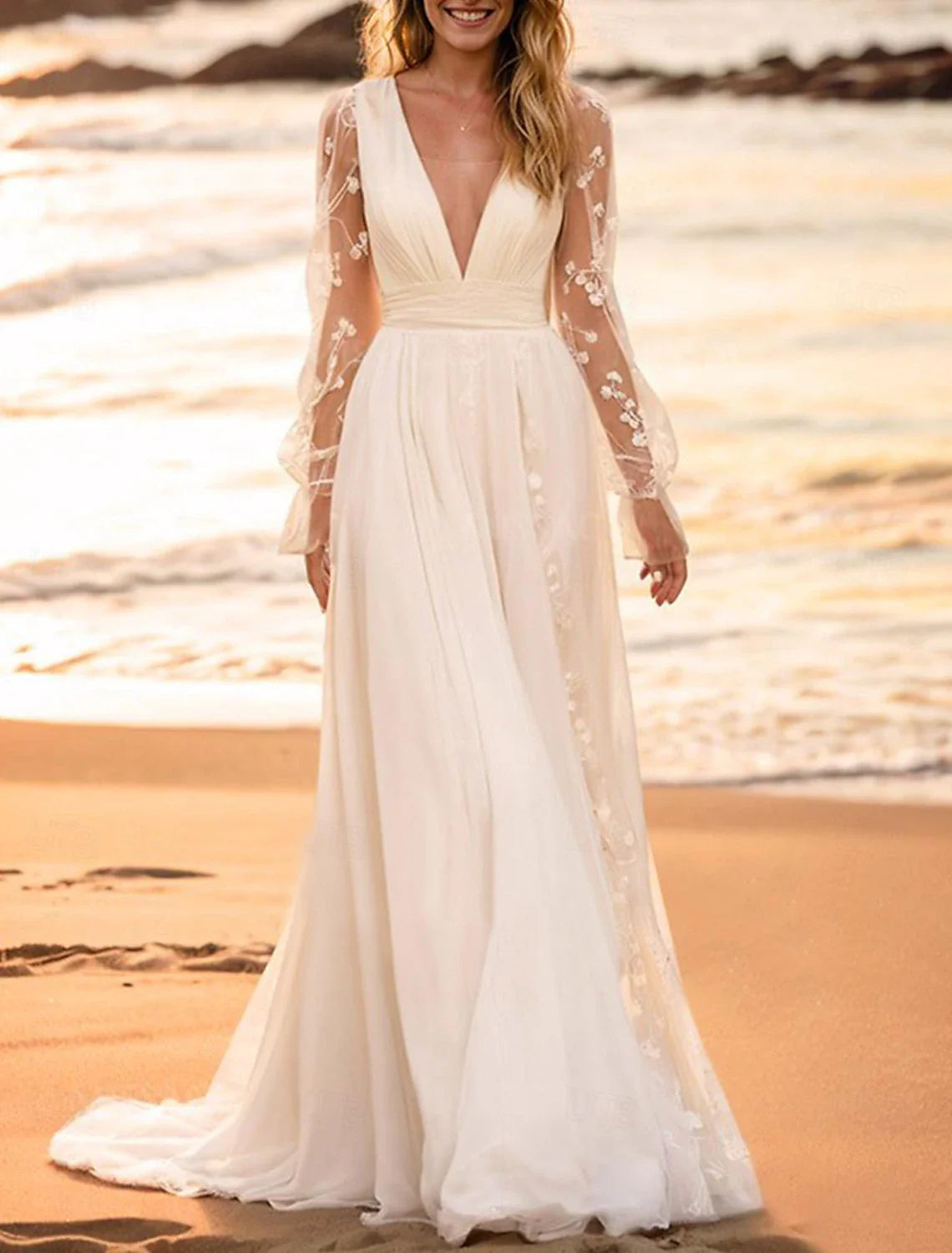 Aimishang Beach Wedding Dresses A-Line V Neck Long Sleeve Floor Length Chiffon Bridal Gowns With Solid Color