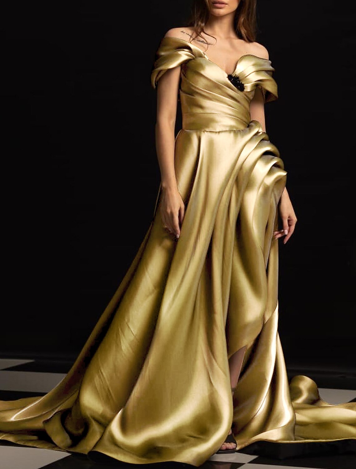 A-Line Evening Gown Sparkle & Shine Dress Formal Wedding Reception Chapel Train Sleeveless Off Shoulder Satin with Ruched Slit