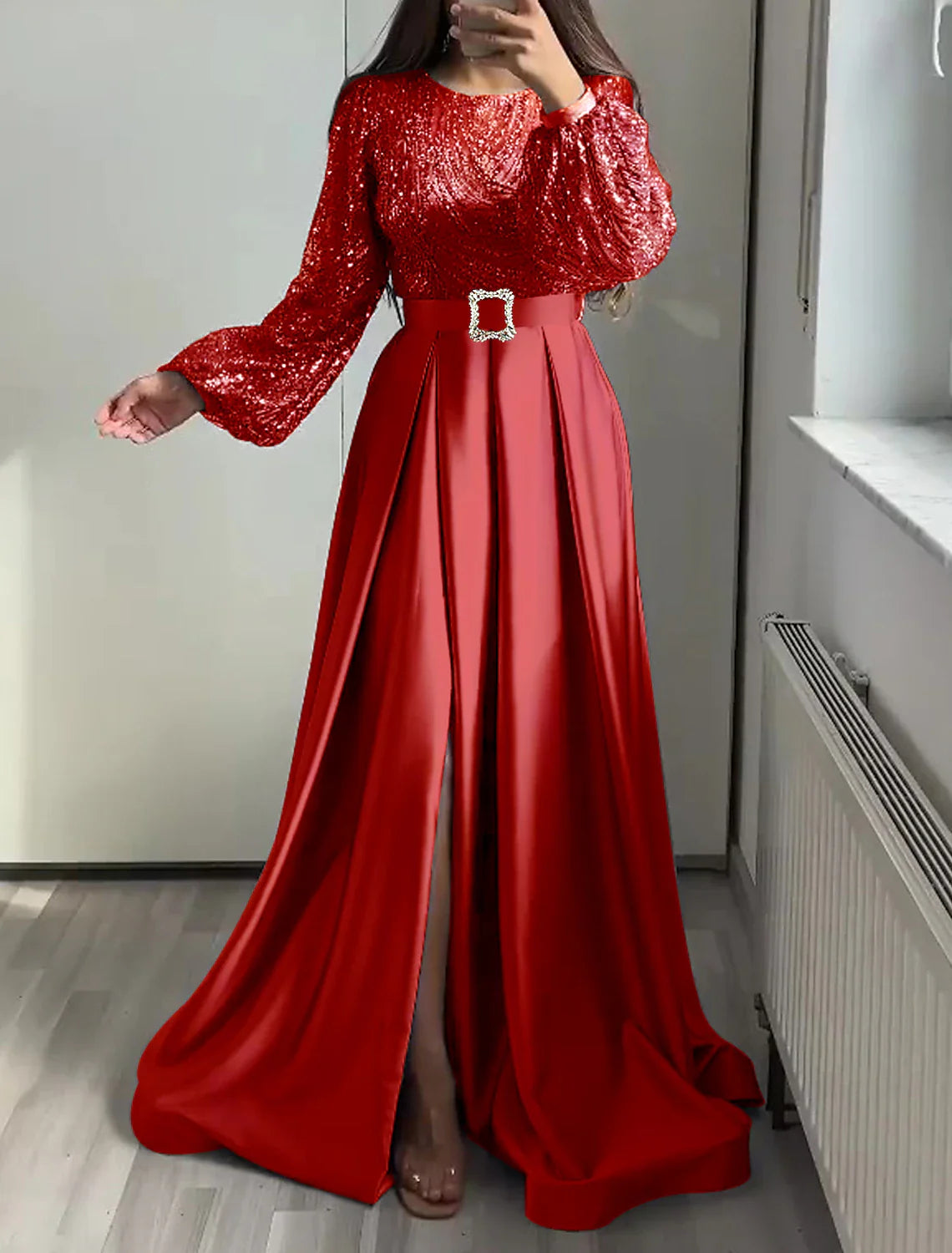 Aimishang A-Line Evening Gown Elegant Dress Wedding Black Tie Floor Length Long Sleeve Jewel Neck Fall Wedding Guest Satin with Sequin