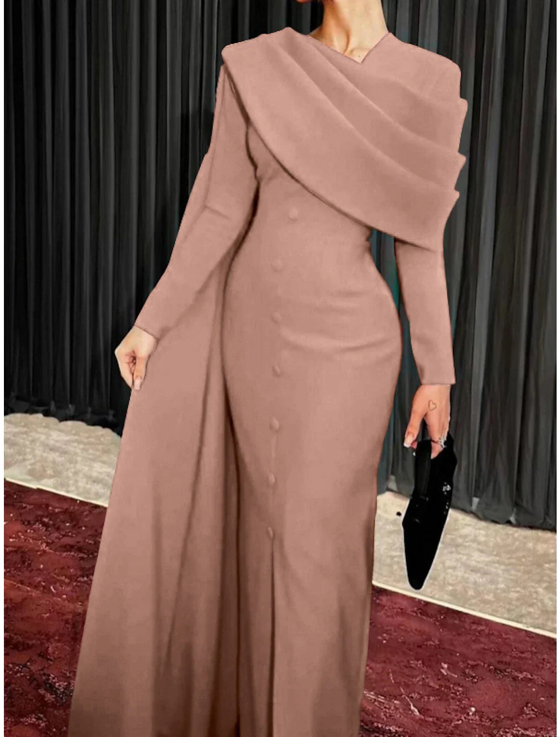 Sheath / Column Red Black Christmas Red Green Dress Evening Gown Elegant Cape Dress Formal Fall Sweep / Brush Train Long Sleeve Cowl Neck  Fabric with Buttons Slit 2025