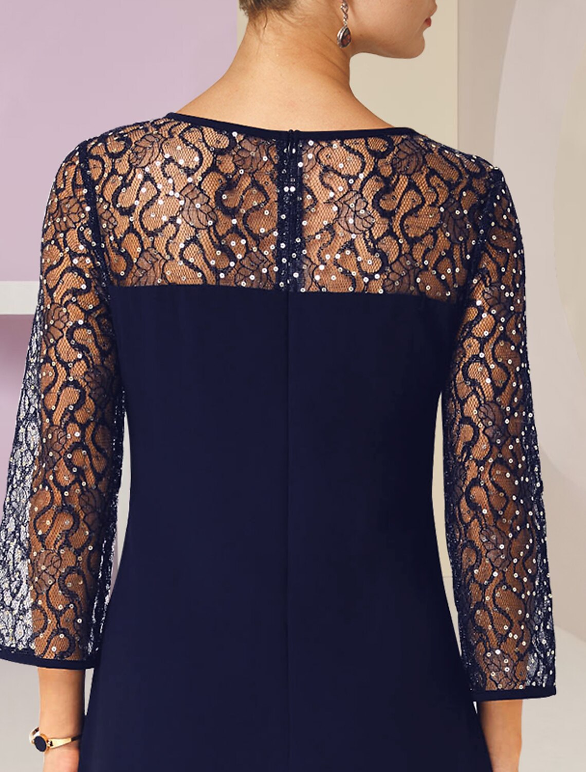 Aimishang A-Line Mother of the Bride Dress Formal Wedding Guest Elegant Scoop Neck Knee Length Lace 3/4 Length Sleeve with Sequin