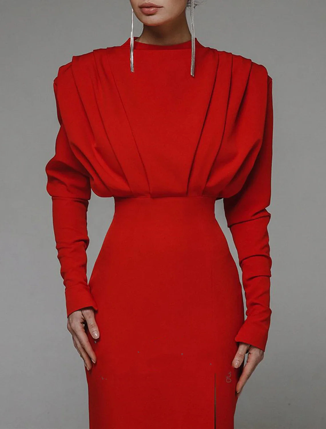 Sheath Evening Gown Elegant Dress Formal Red Green Dress Floor Length Long Sleeve High Neck Stretch Fabric with Ruched Slit