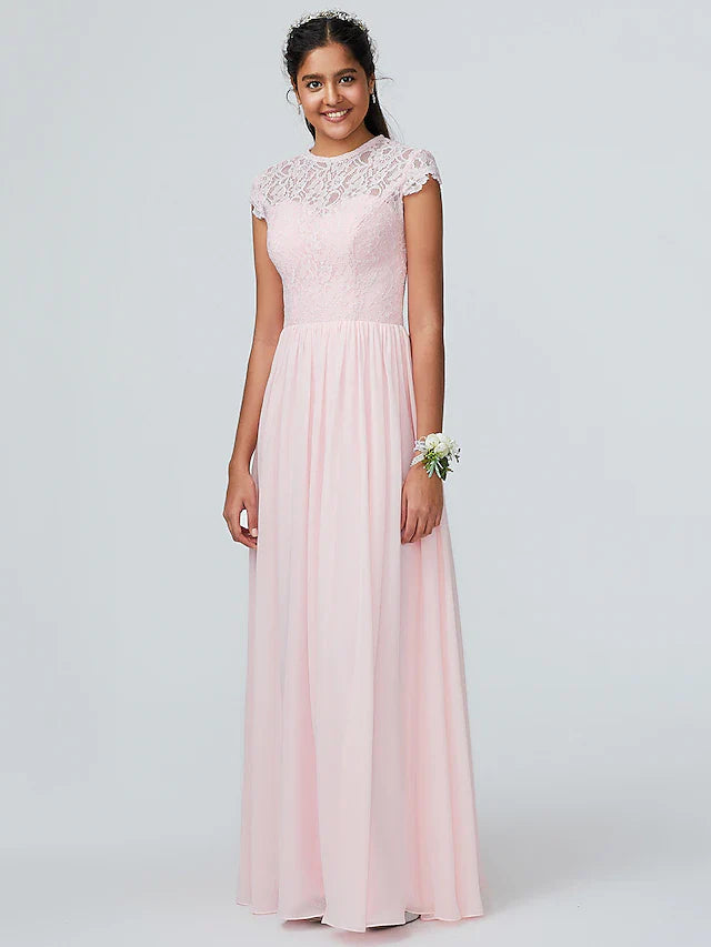 A-Line Bridesmaid Dress Jewel Neck Sleeveless Elegant Floor Length Chiffon with Lace 2022 / Sparkle & Shine