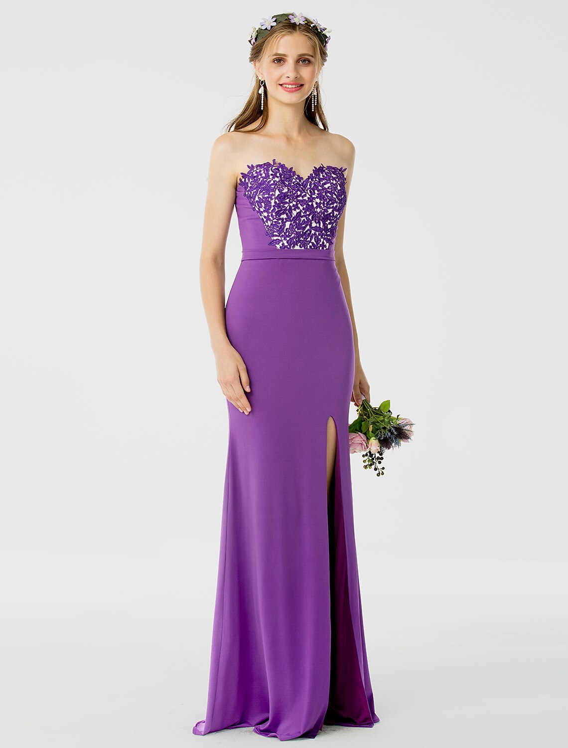 Sheath / Column Bridesmaid Dress Sweetheart Sleeveless Open Back Floor Length Jersey / Floral Lace with Sash / Ribbon / Appliques / Split Front