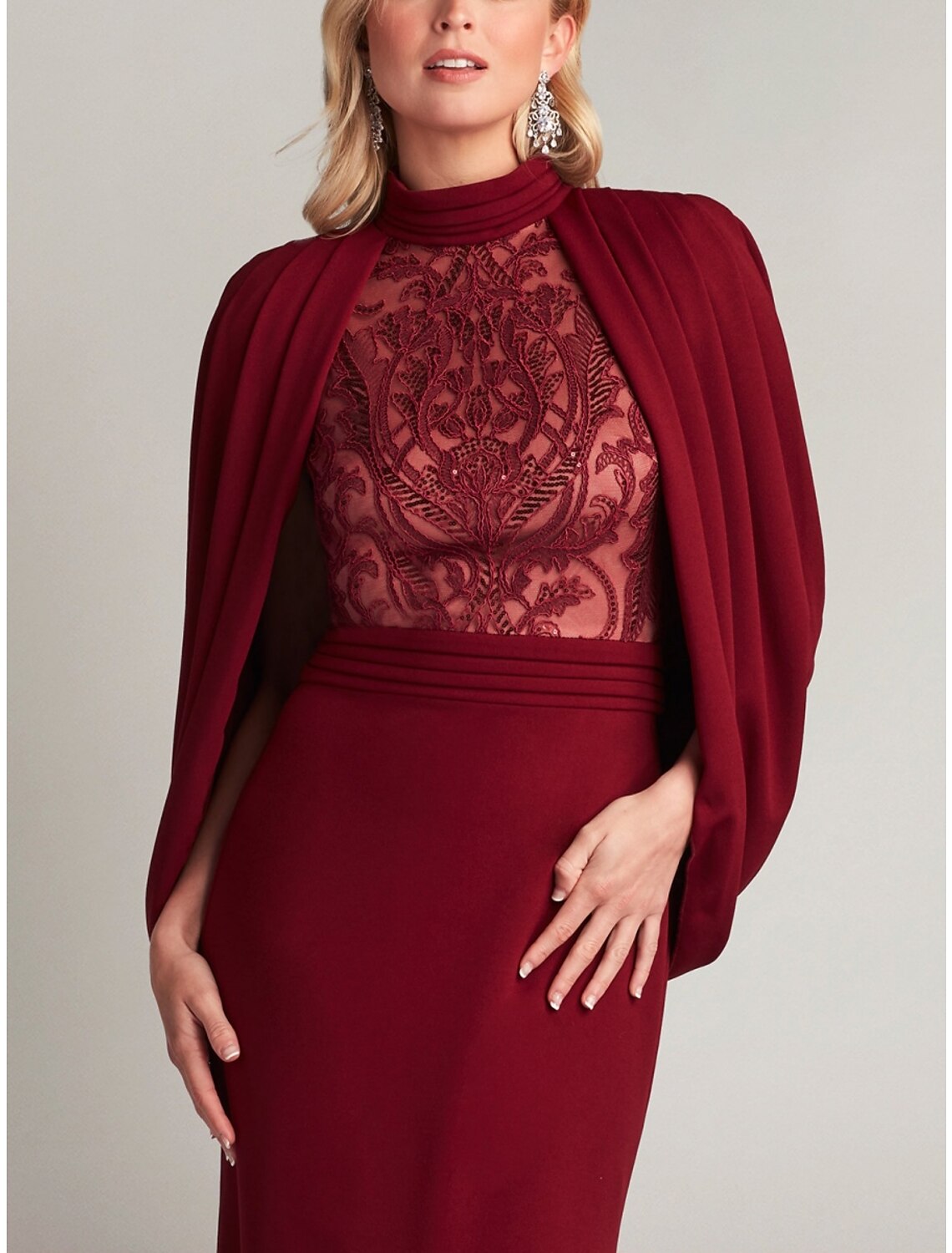 Mermaid / Trumpet Evening Gown Elegant Formal Dress Formal Sweep / Brush Train Long Sleeve High Neck Lace with Pleats Ruched