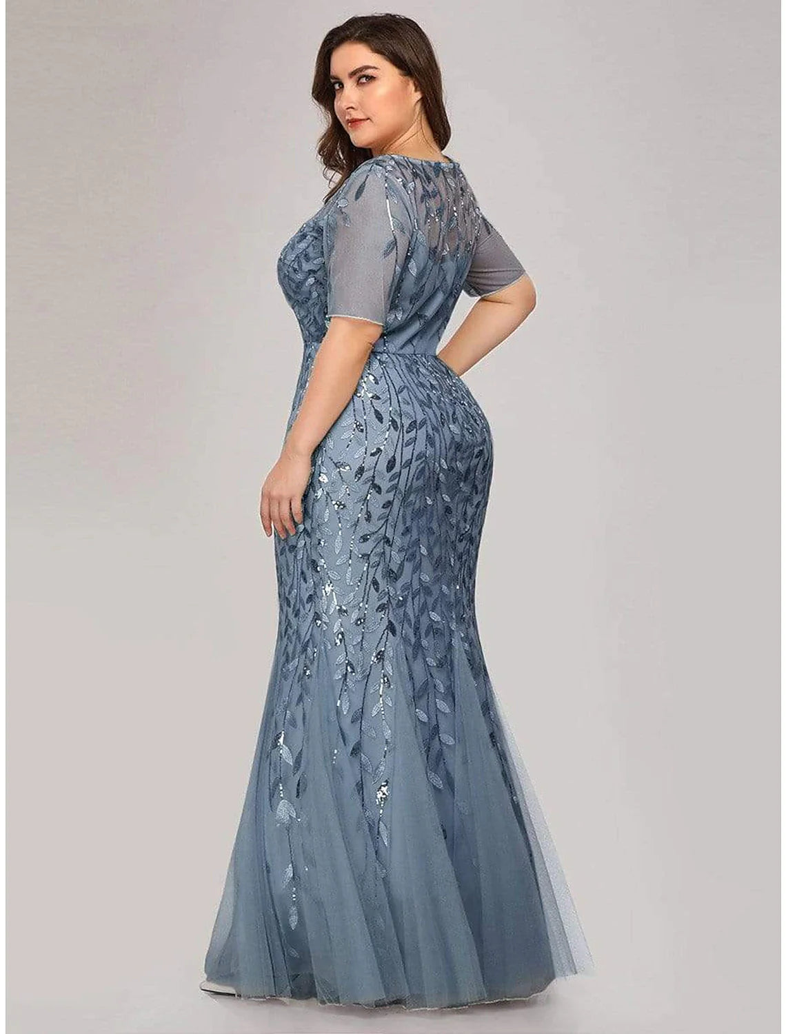 Aimishang Mermaid / Trumpet Empire Elegant Party Wear Formal Evening Dress Jewel Neck Short Sleeve Floor Length Tulle with Embroidery