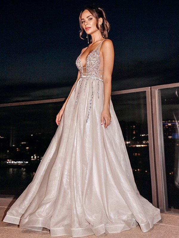 A-Line/Princess Tulle V-neck Sleeveless Beading Sweep/Brush Train Dresses