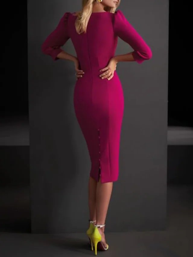 Sheath / Column Mother of the Bride Dress Elegant V Neck Knee Length Satin 3/4 Length Sleeve with Buttons