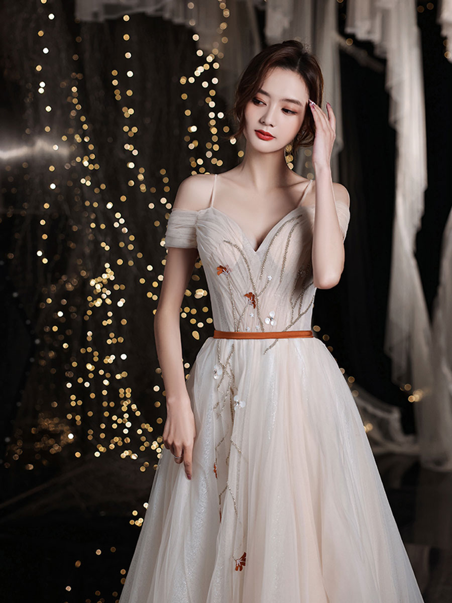 Champagne sweetheart tulle long prom dress, champagne evening dress