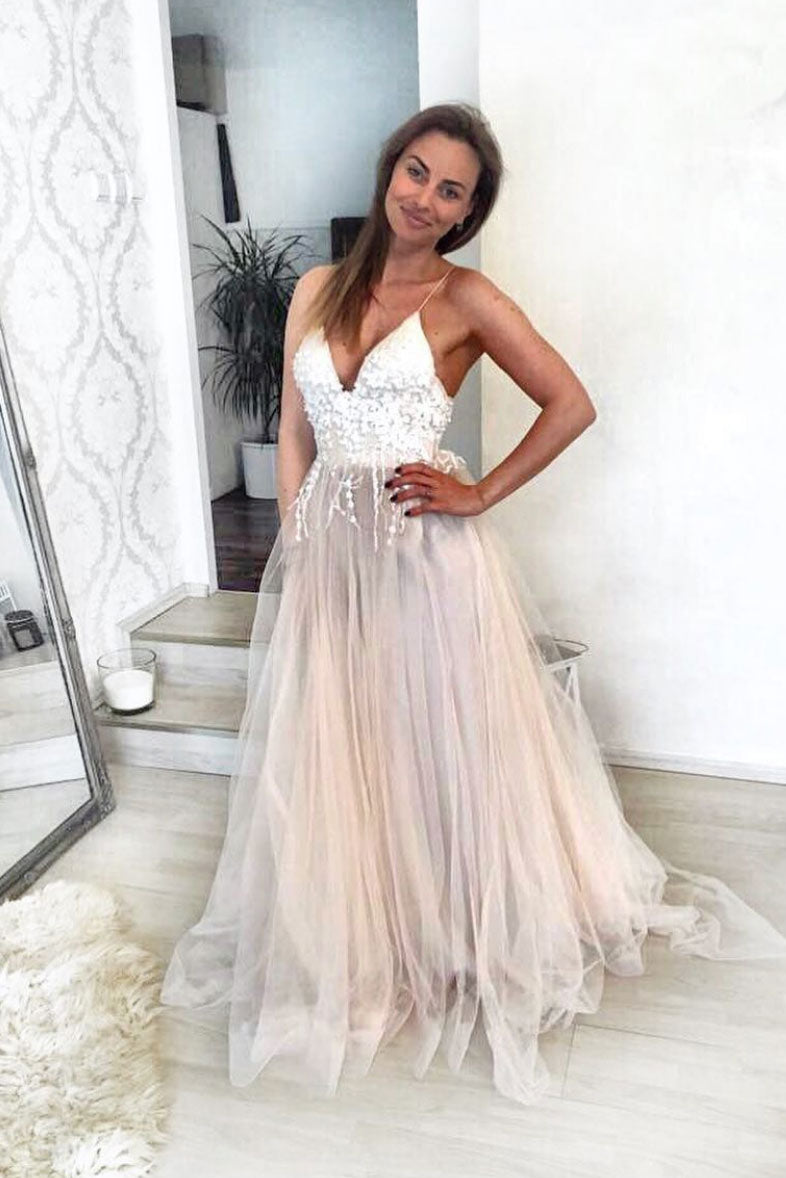 Champagne sweetheart tulle lace long prom dress champagne evening dress