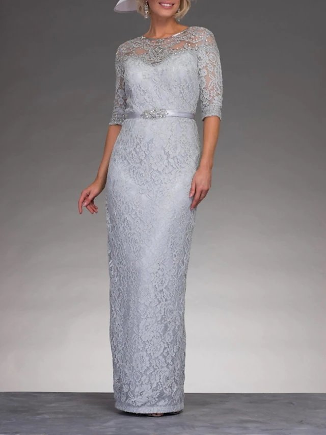 Two Piece Sheath / Column Mother of the Bride Dress Elegant Jewel Neck Floor Length Chiffon 3/4 Length Sleeve with Sash / Ribbon Appliques