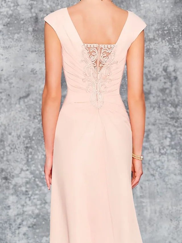 Two Piece Sheath / Column Mother of the Bride Dress Elegant V Neck Knee Length Chiffon 3/4 Length Sleeve with Pleats Embroidery
