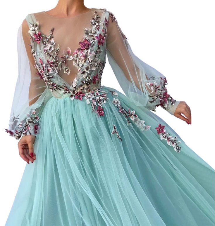 Turquoise Muslim Evening Dresses A-line Long Sleeves Tulle Flowers Long Islamic Dubai Saudi Arabic Long Formal Evening Gown