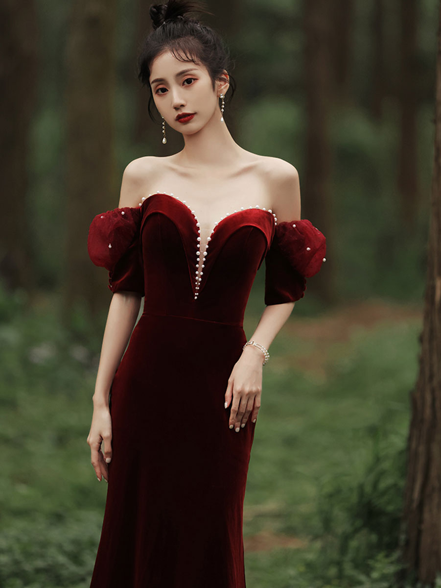 Simple burgundy velvet mermaid long prom dress, burgundy evening dress