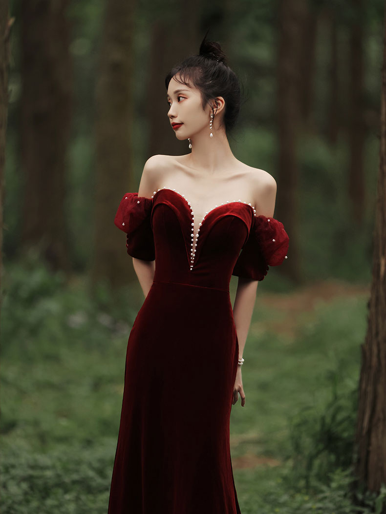 Simple burgundy velvet mermaid long prom dress, burgundy evening dress