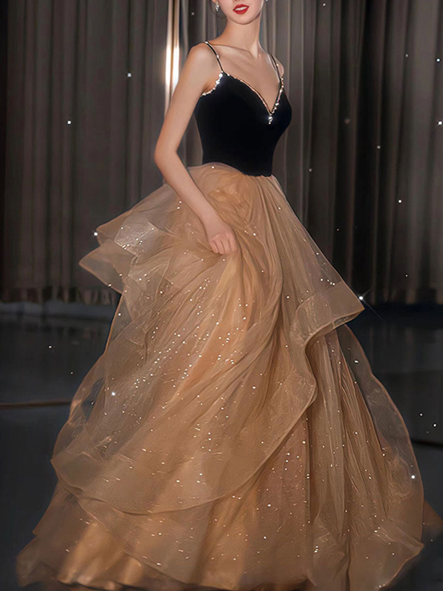 Champagne v neck tulle long prom dress, champagne evening dress