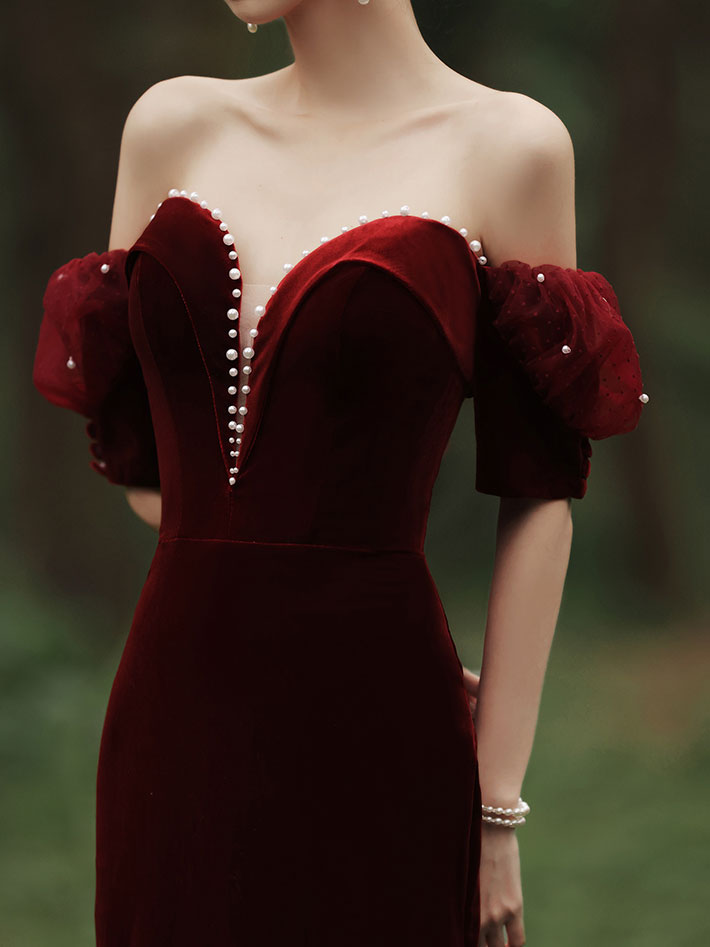Simple burgundy velvet mermaid long prom dress, burgundy evening dress