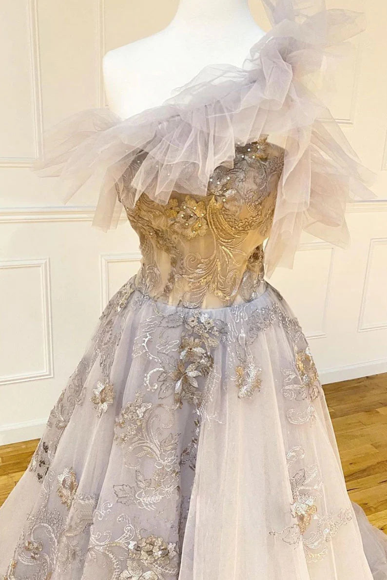 Champagne tulle lace long prom dress lace formal dress