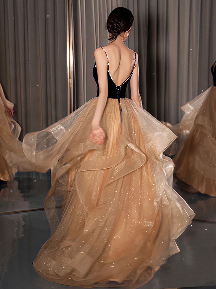 Champagne v neck tulle long prom dress, champagne evening dress