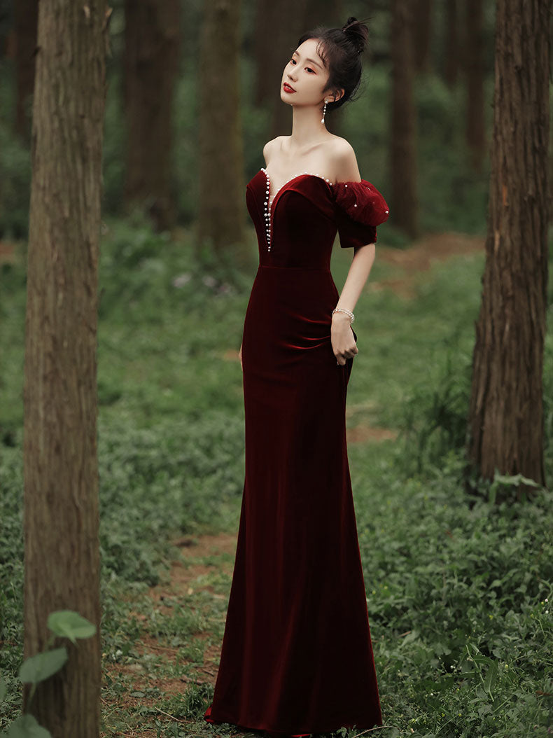 Simple burgundy velvet mermaid long prom dress, burgundy evening dress