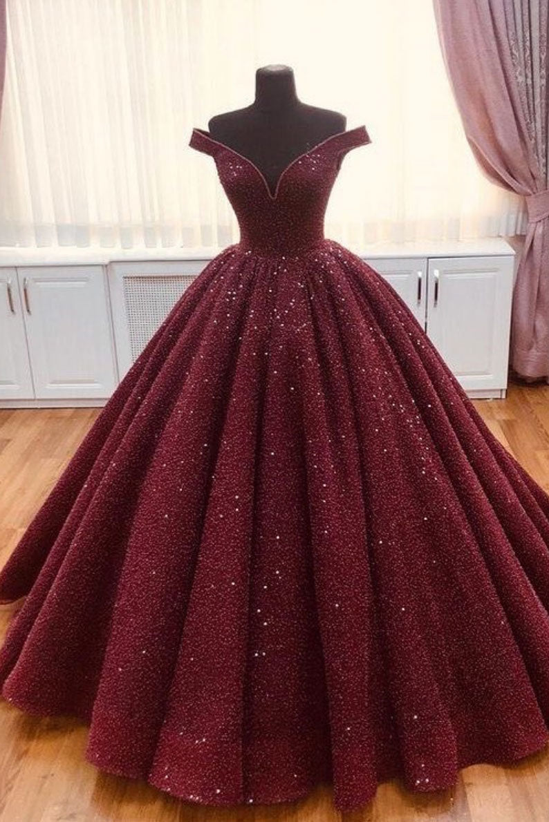 Burgundy tulle sequin long prom dress, burgundy long evening dress