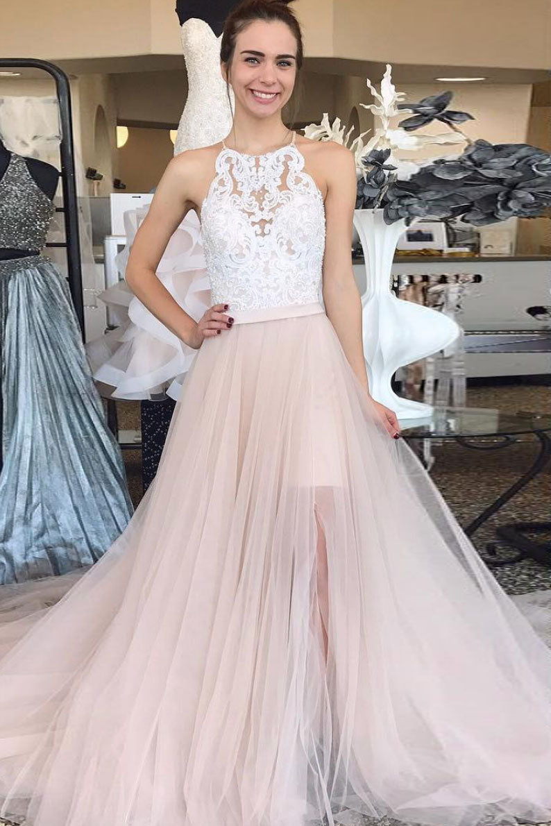 Champagne tulle lace long prom dress, champagne evening dress