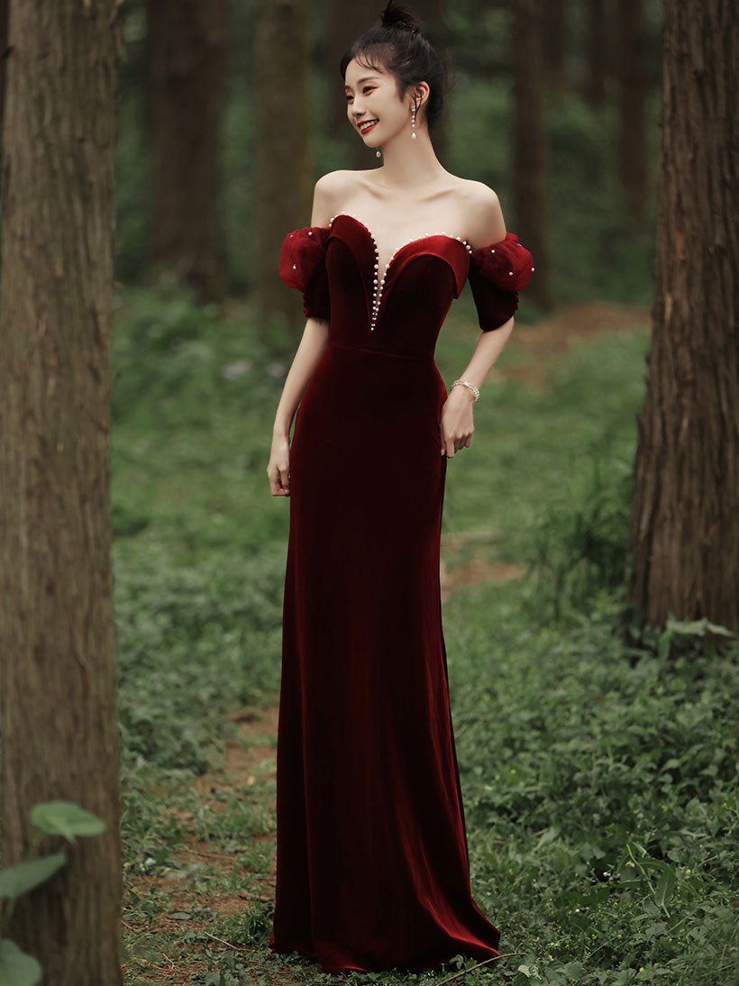 Simple burgundy velvet mermaid long prom dress, burgundy evening dress