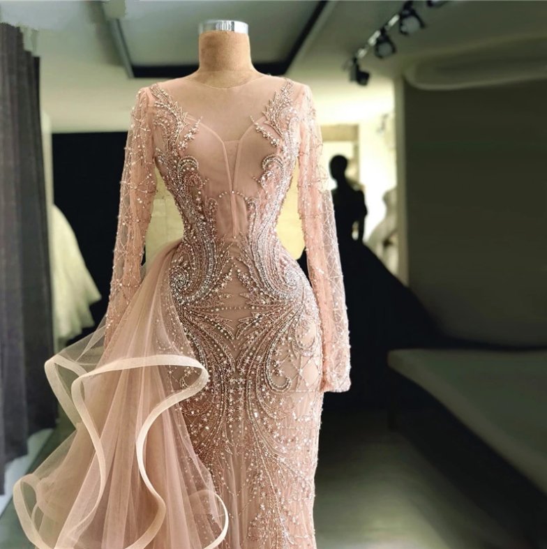 Luxurious Muslim Evening Dresses Mermaid Long Sleeves Tulle Beaded Long Islamic Dubai Saudi Arabic Long Formal Evening Gown