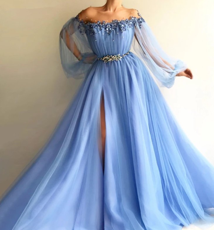 Blue Muslim Evening Dresses A-line Long Sleeves Tulle Lace Pearls Slit Islamic Dubai Saudi Arabic Long Formal Evening Gown