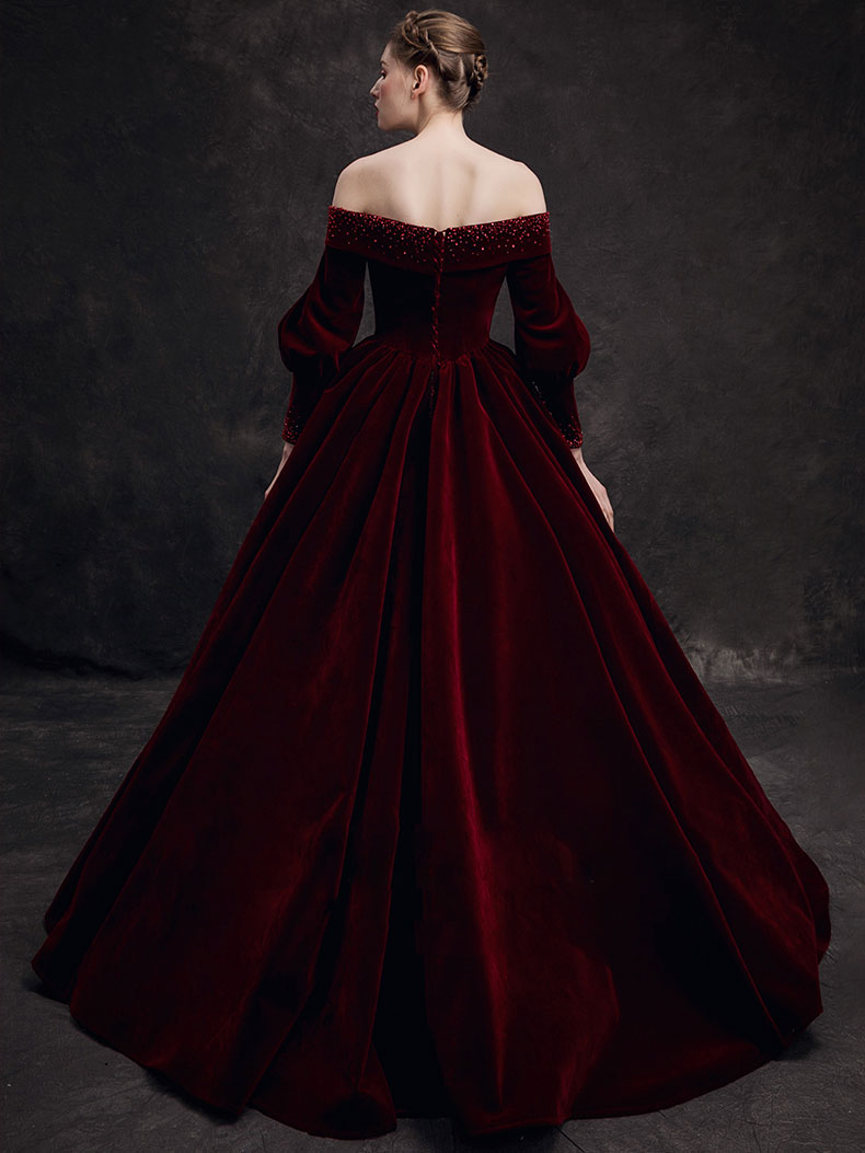 Burgundy velvet beads long prom dress, burgundy evening dress