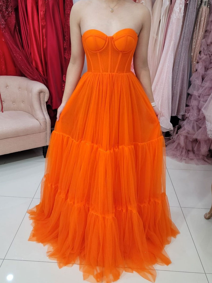 Orange Aline tulle long prom dress, orange tulle evening dress