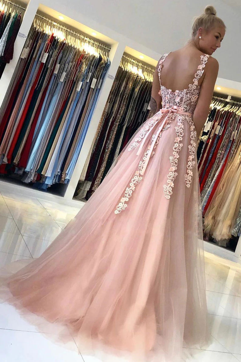 Pink sweetheart tulle lace long prom dress lace evening dress