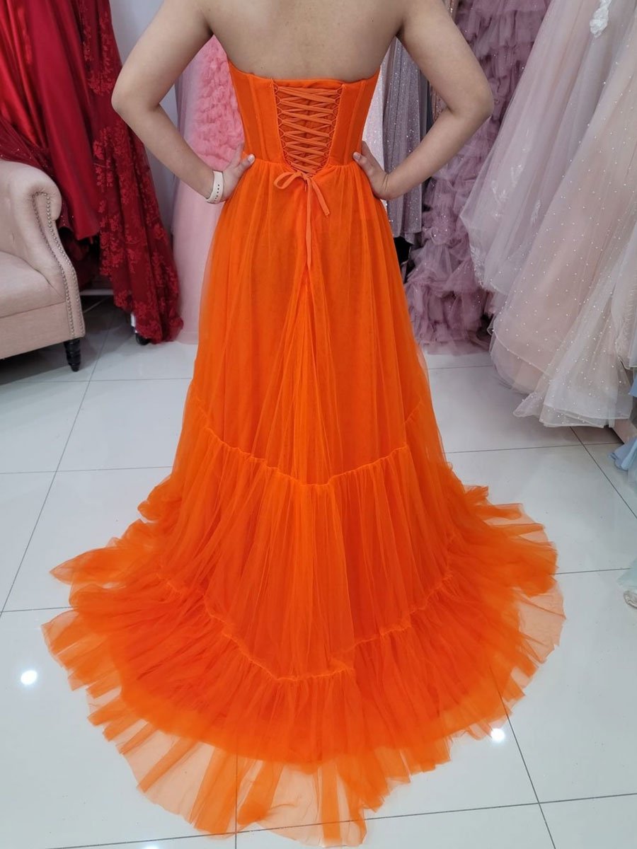 Orange Aline tulle long prom dress, orange tulle evening dress