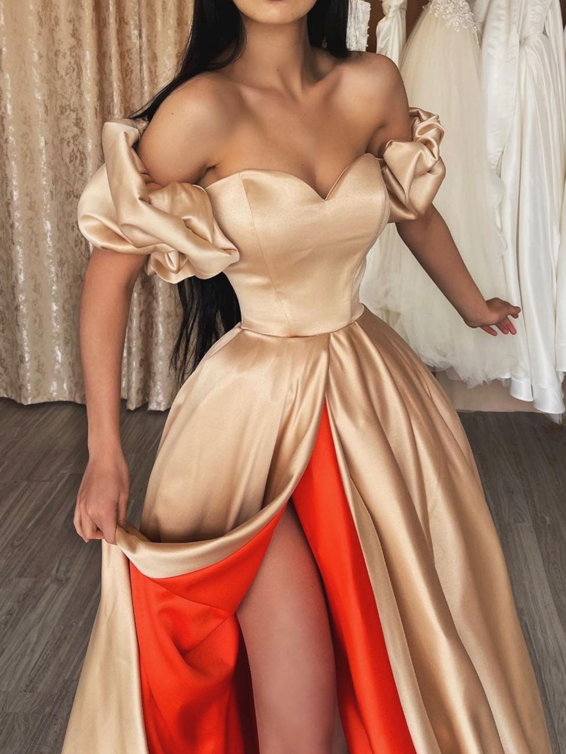 Unique champagne sweetheart satin long prom dress, champagne evening dress