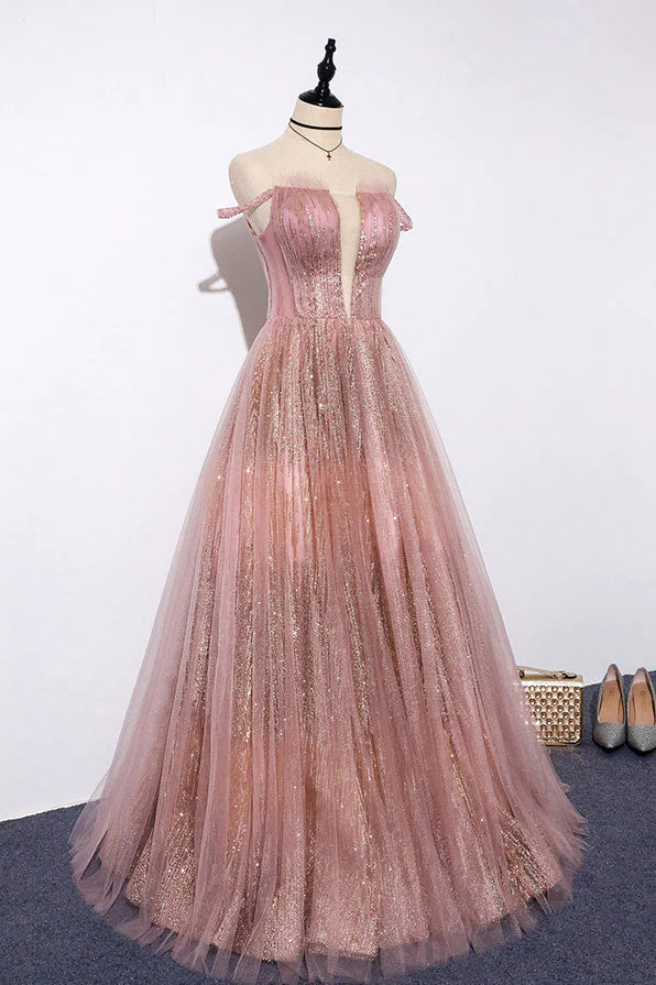 Pink tulle lace long prom dress pink tulle formal dress