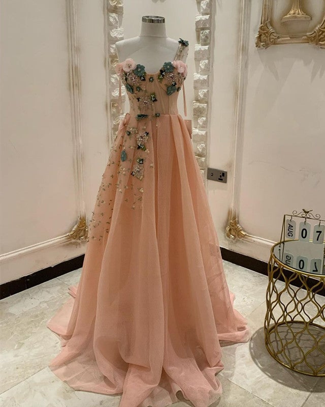 3D Flowers Sweetheart Corset Prom Dresses One Shoulder