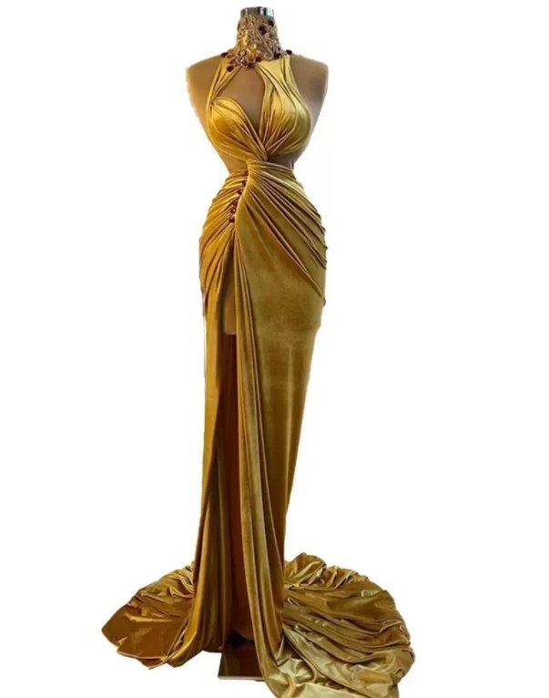 Gold Evening Dresses Sheath High Collar Velvet Beaded Slit Long Turkey Dubai Saudi Arabic Evening Gown Prom Dresses