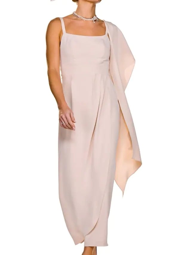 Two Piece Sheath / Column Mother of the Bride Dress Elegant Square Neck Ankle Length Stretch Fabric Sleeveless with Buttons Pleats