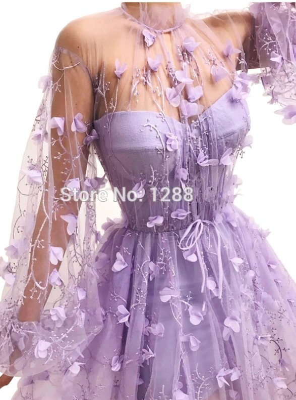 Lavender Muslim Evening Dresses A-line Long Sleeves Tulle Flowers Long Islamic Dubai Saudi Arabic Long Formal Evening Gown