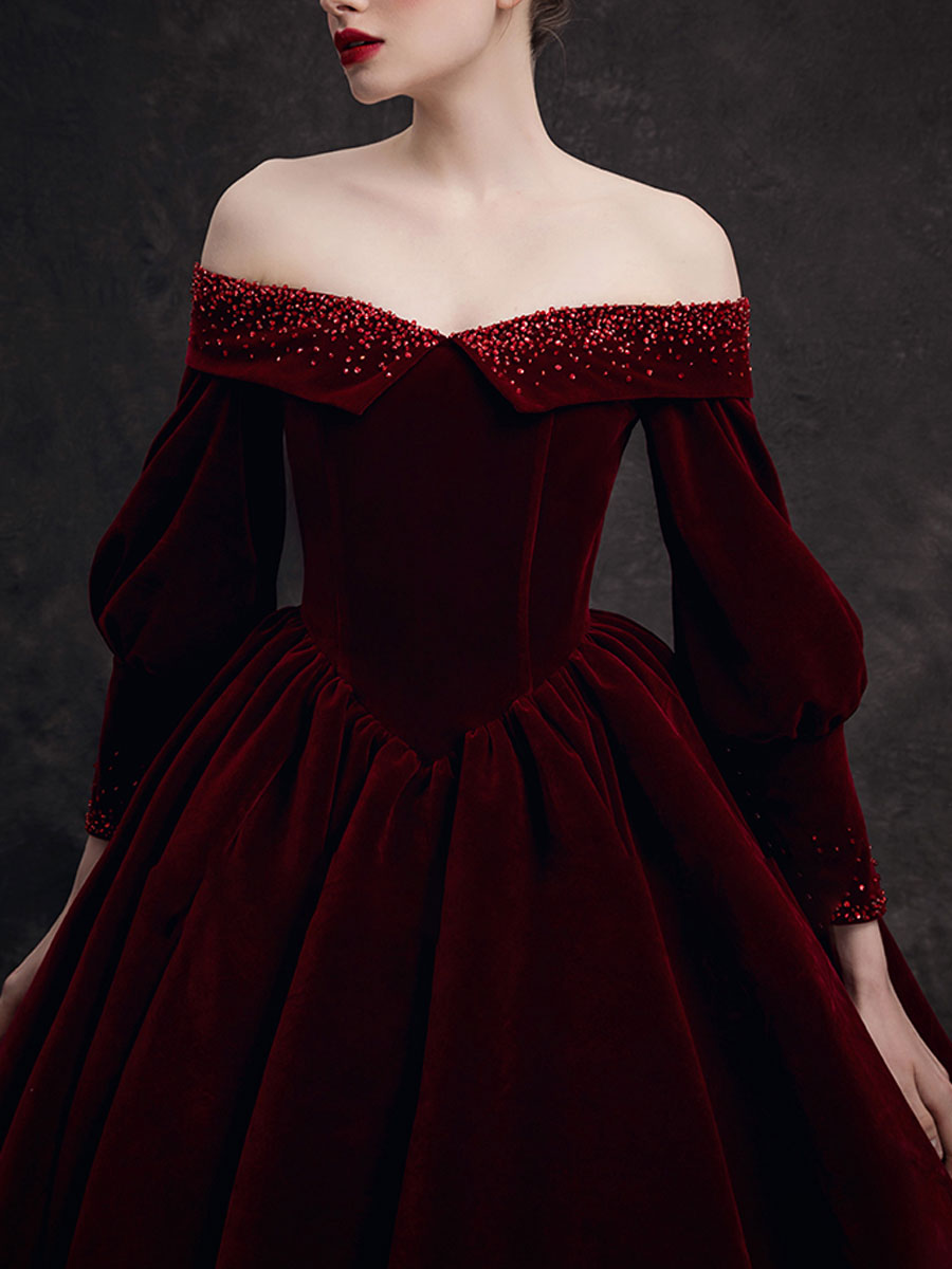 Burgundy velvet beads long prom dress, burgundy evening dress