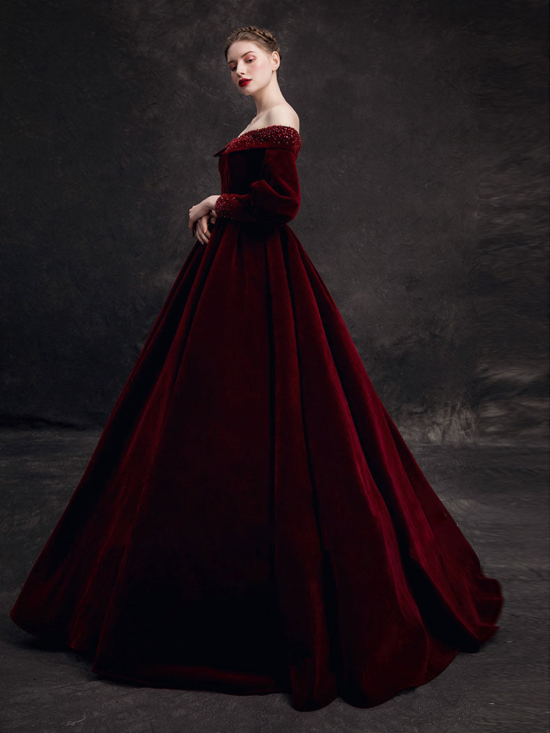 Burgundy velvet beads long prom dress, burgundy evening dress