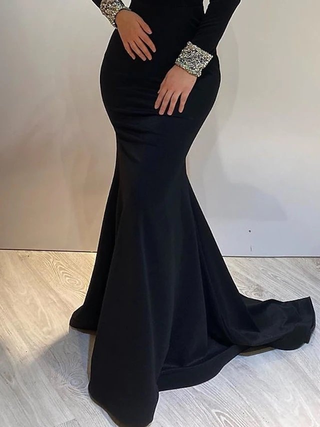 Mermaid / Trumpet Elegant Engagement Formal Evening Dress High Neck Long Sleeve Sweep / Brush Train Satin with Sequin