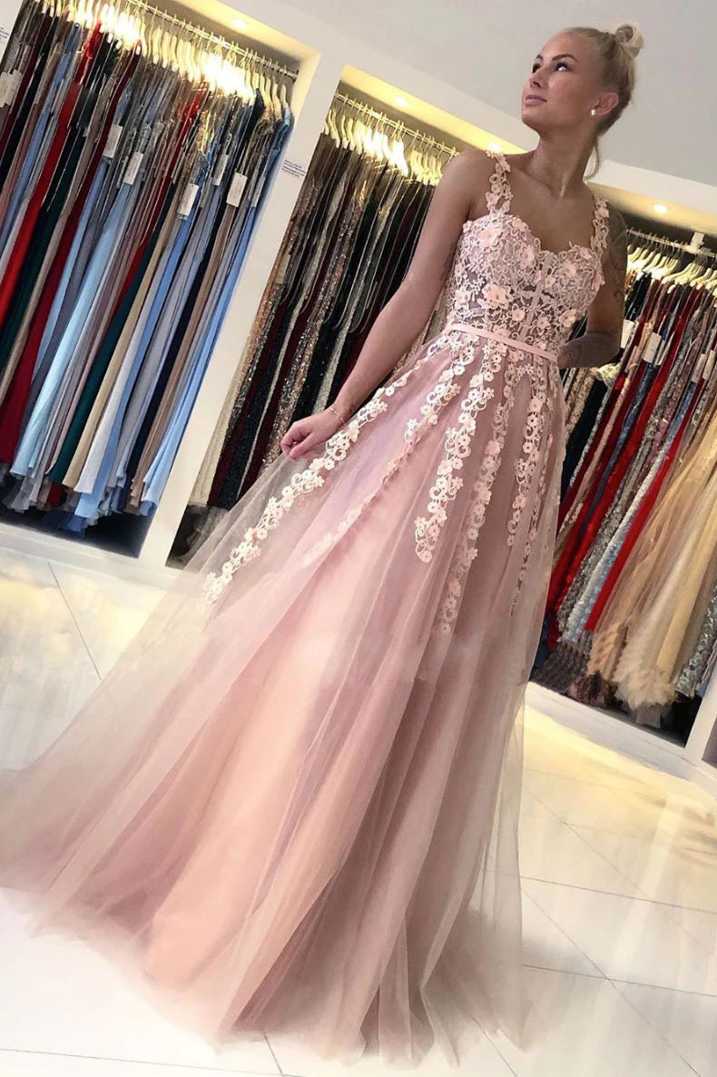 Pink sweetheart tulle lace long prom dress lace evening dress