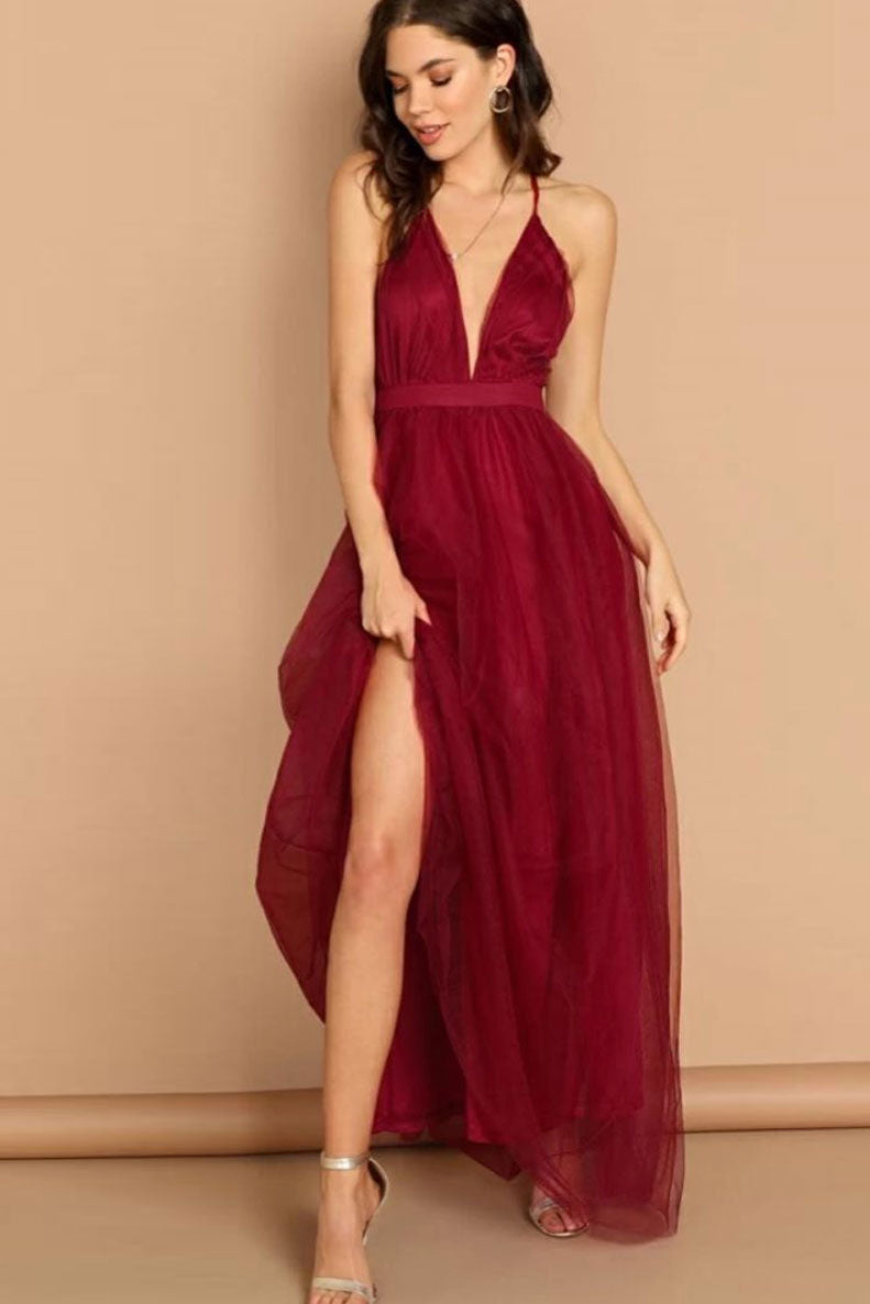 Simple v neck burgundy tulle long prom dress burgundy evening dress