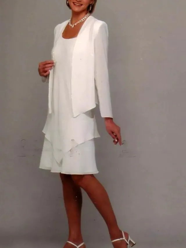 Sheath / Column Mother of the Bride Dress Elegant Jewel Neck Knee Length Chiffon Long Sleeve with Ruffles